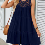 Loose Sleeveless Hollow Pleated Solid Color Split-Joint Round-Neck Mini Dresses