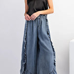 Solid Color Ruffled Elastic Waist Tie Loose Denim Flared Pants