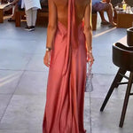 A-Line Loose Backless Solid Color Tied Halter-Neck Maxi Dresses