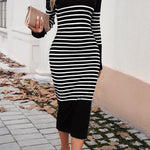 Long Sleeves Loose Contrast Color Striped V-Neck Midi Dresses Sweater Dresses