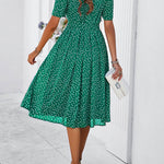 A-Line Elasticated Waist Contrast Color Polka Dot Split-Joint Tied Waist Round-Neck Midi Dresses