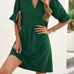 A-Line Flared Sleeves Pleated Ruffled Solid Color Split-Joint V-Neck Mini Dresses