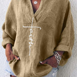 Women's Faith Printed Casual Long Sleeve V-Neck Cotton And Linen Shirt