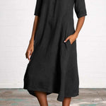 Round Neck Half Sleeve Long Solid Color Casual Cotton Linen Dress