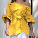 Flared Sleeves Asymmetric Knot Solid Color One-shoulder Blouses&shirts Tops
