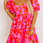 Red Floral Bubble Sleeve Sweetheart Neck Ruffled Mini Dress