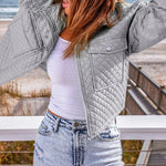 Gray Quilted Pocketed Zip Up Cropped Jacket