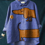 Cute Dachshund Floral Art Print Cotton and Linen Long Sleeve Shirt