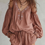 Bohemian Floral Embroidered Blouse & Shorts Set