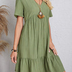 A-Line Loose Pleated Solid Color Split-Joint V-Neck Mini Dresses