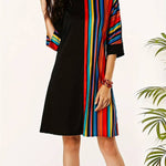 A-Line Half Sleeves Asymmetric Contrast Color Striped Round-Neck Mini Dresses