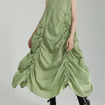 Loose Sleeveless Asymmetric Elasticity Pleated Solid Color Round-Neck Midi Dresses