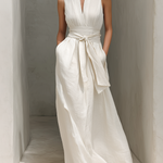 Women's Minimalist Cotton And Linen Blend V-neck Belted Sleeveless Maxi Dress