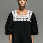 Women's Minimalist Linen Blend Lace Square Neck Short-sleeved Maxi Dress