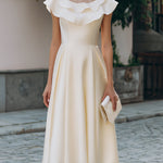 Ruffled Neckline Cap-Sleeve A-Line Midi Dress
