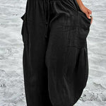 Elastic-waist Pleated Wide-leg Loose Cotton Linen Trousers