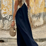 Cross-Strap Halter Neck Flared Colorblock Maxi Dress