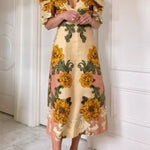 Flower Vine Linen Blend Unique Print Twist Cutout Neck Puff Sleeve Midi Dress