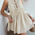 A-Line Loose Pleated Solid Color Tied Round-Neck Mini Dresses Vest Top