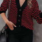 Long Sleeve V Neck Open Front Striped Knit Cardigan Sweaters