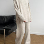 High-neck loose-fitting knit sweater and wide-leg pants two-piece set