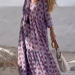 Ibiza Fashion Print Loose V Neck Long Sleeve Long Dress