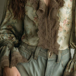 Vintage Lace Ruffle Trim Floral Chiffon Blouse With Smocked Cuffs