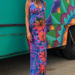 La Bamba Tie-dye Print Back Lace-up Stretch Maxi Dress