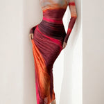 Bodycon High Waisted Contrast Color Pleated Printed Split-Joint Round-Neck Maxi Dresses