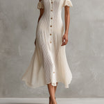 Quiet Luxury Ivory Cold-Shoulder Button-Front Midi Dress