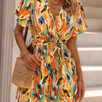 High Waisted Loose Printed Tied Waist V-Neck Mini Dresses