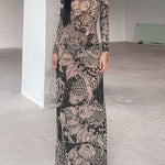 Long Sleeves Skinny Printed See-Through Split-Joint High Neck Evening Dresses Maxi Dresses