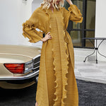 Original Loose Long Sleeves Tied Pleated Falbala Solid Color V-Neck Maxi Dresses