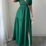 Half Sleeves High Waisted Pleated Solid Color Split-Front V-Neck Maxi Dresses