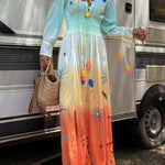 Gigi Unique Pattern Gradient Print Smocked Elastic Waist Fringed Maxi Dress