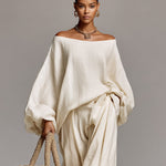 Women's Ivory Linen Set With Off-the-Shoulder Top & Wide-Leg Pants, Timeless Boho-Casual Style Set
