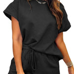 Women's Solid Textured Drawstring Shorts Set