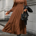 A-Line Flared Sleeves Elasticity Pleated Solid Color V-Neck Midi Dresses