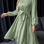 Loose Puff Sleeves Elasticity Pleated Solid Color Split-Joint Tied Waist Round-Neck Midi Dresses