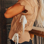 Light French Beige Hollowed Knit Scalloped Trim High Neck Sweater
