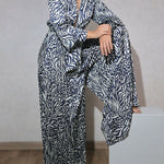 Loose Puff Sleeves Pleated Printed Split-Joint Deep V-Neck Jumpsuits