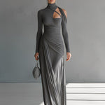 Women's Grey Silky Stretch Sophisticated Ruched Detail Cut-Out Maxi Dress