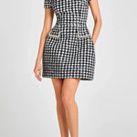 Eve Check Bouclé-tweed Fabric Pearl Trim Short Sleeve Pocketed Mini Dress