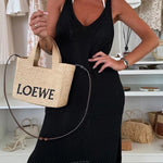 Solid Color V-Neck Sleeveless Casual Pocket Knitted Midi Dress
