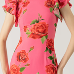 Cheongsam Style Rose Floral Print Tiered Flare Sleeve Stretch Maxi Dress