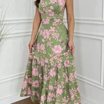 Vintage Charm Floral Print Cutout Back Smocked Maxi Dress