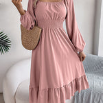 A-Line Elasticated Waist Pleated Ruffled Solid Color Square-Neck Midi Dresses