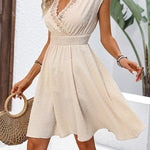 A-line Loose Elasticity Jacquard Pleated Solid Color V-neck Mini Dresses