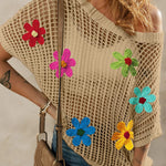 Hollowed Crochet Colorful Flower Loose Knit T Shirt