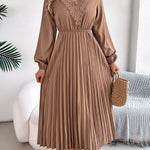 Elasticated Waist High Waisted Pleated Solid Color V-Neck Midi Dresses